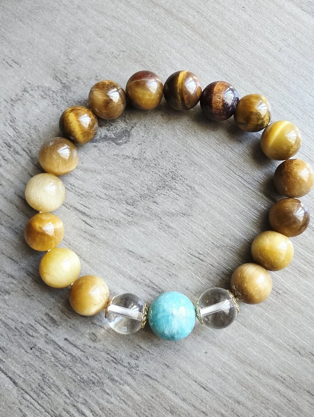 Tiger Eye and Amazonite Beaded Stretch Bracelet with Clear Quartz | Natural
